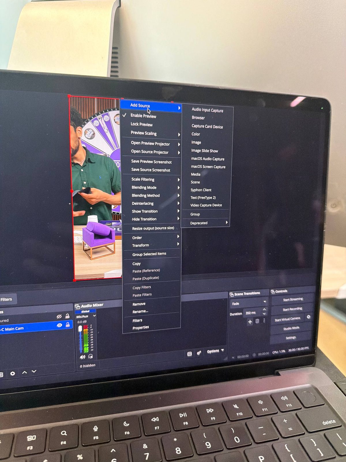 Laptop screen showing streaming software with a context menu open