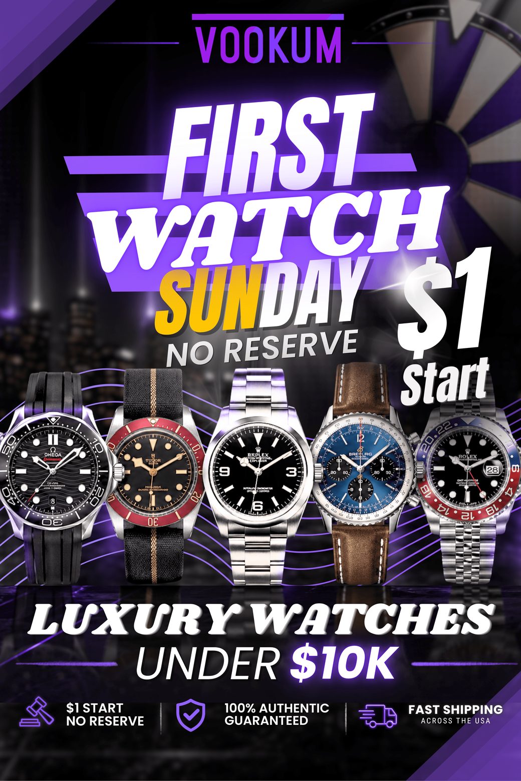 Vookum First Watch Sunday promotional graphic with five luxury watches
